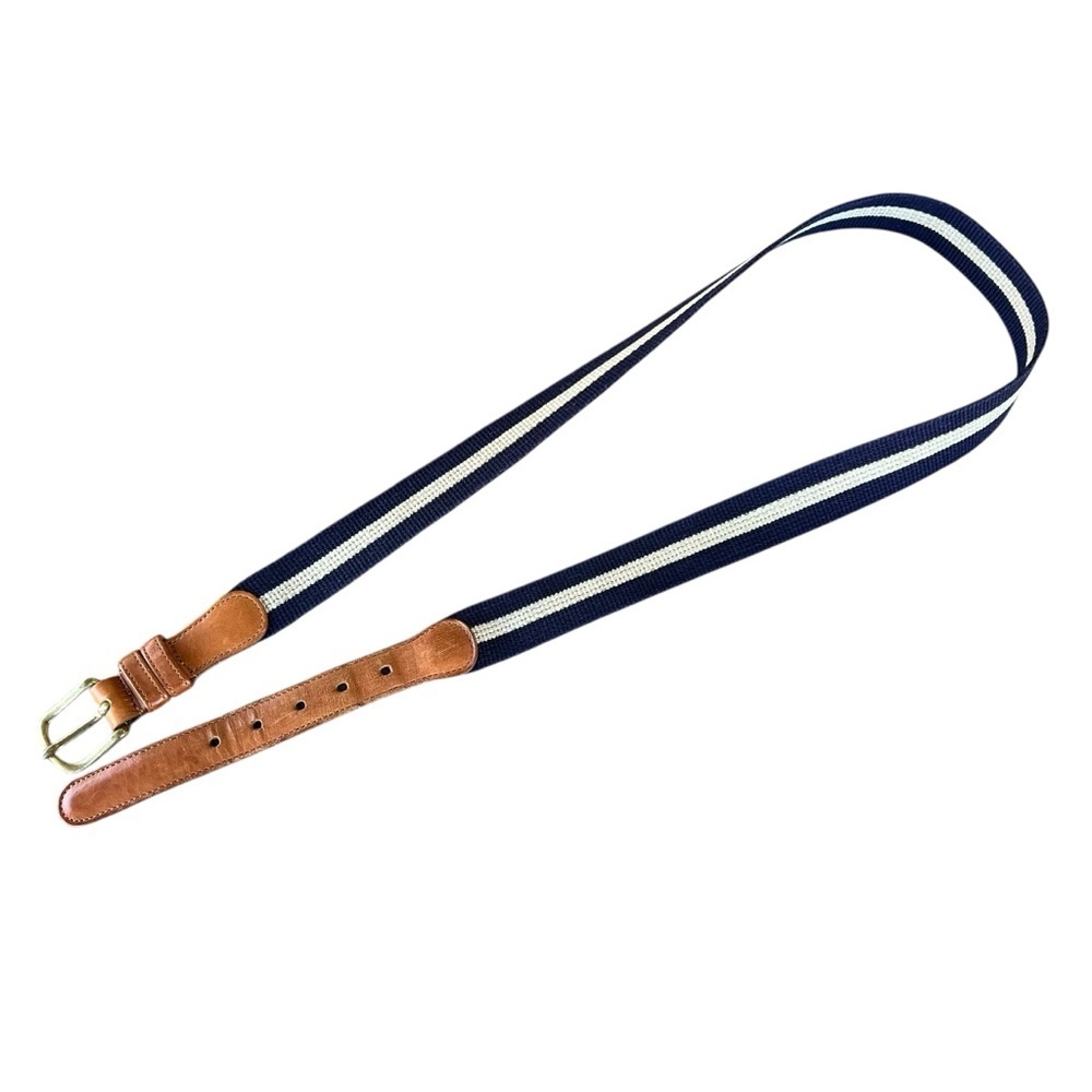 Coach Natural Linen leather Canvas Stripe Belt Navy White Preppy Men’s 38 GUC